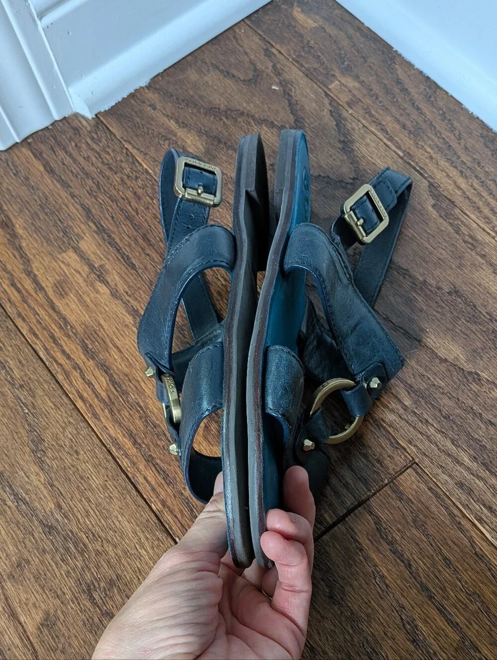 Tory Burch Women's Navy Blue Gold Leather Slingback Sandals Size 8